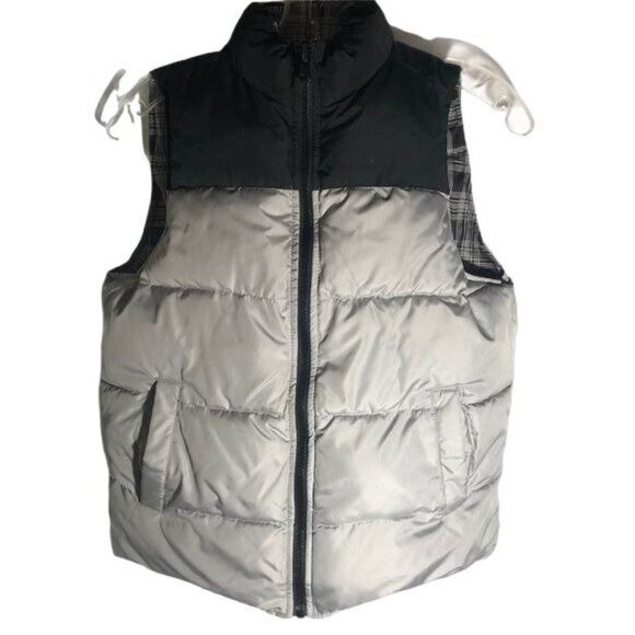 old navy grey black juniors puff zip up vest pockets medium READ - Picture 1 of 8